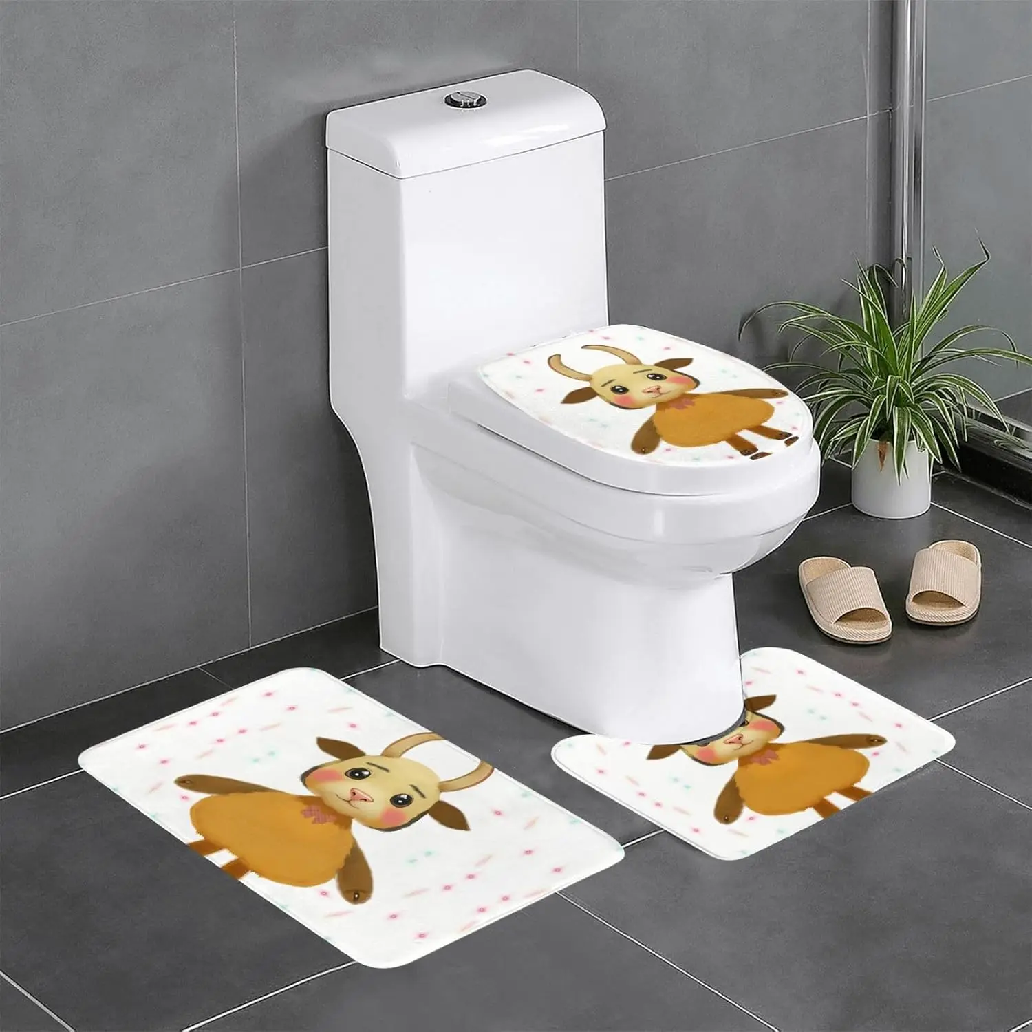 

Набор из трех ковриков для ванной комнаты — мягкий и прочный фланелевой материал — легко чистится и для использования в ванной и туалетном столике. Милая мультяшная корова.