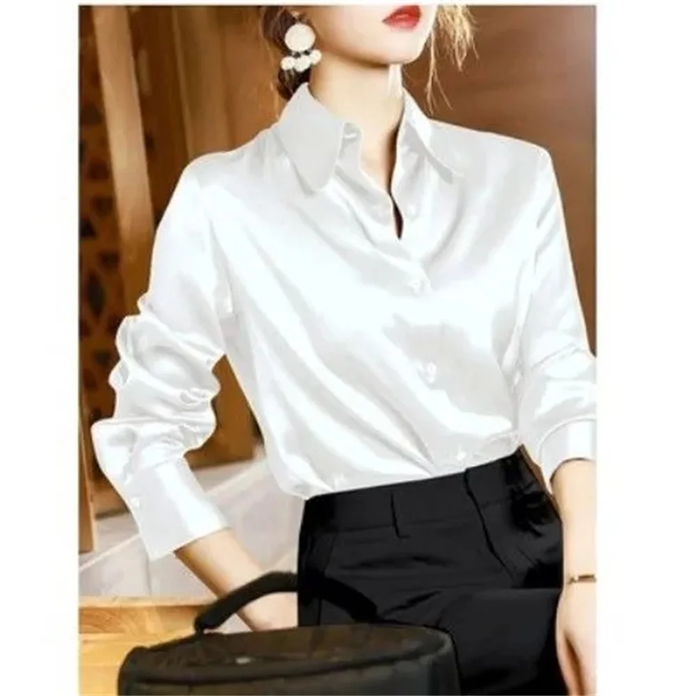 High Quality Shirt Women\'s Summer Drape Thin Style New Long Sleeved Loose Slim Office Luxury Top Silk Satin Blouse