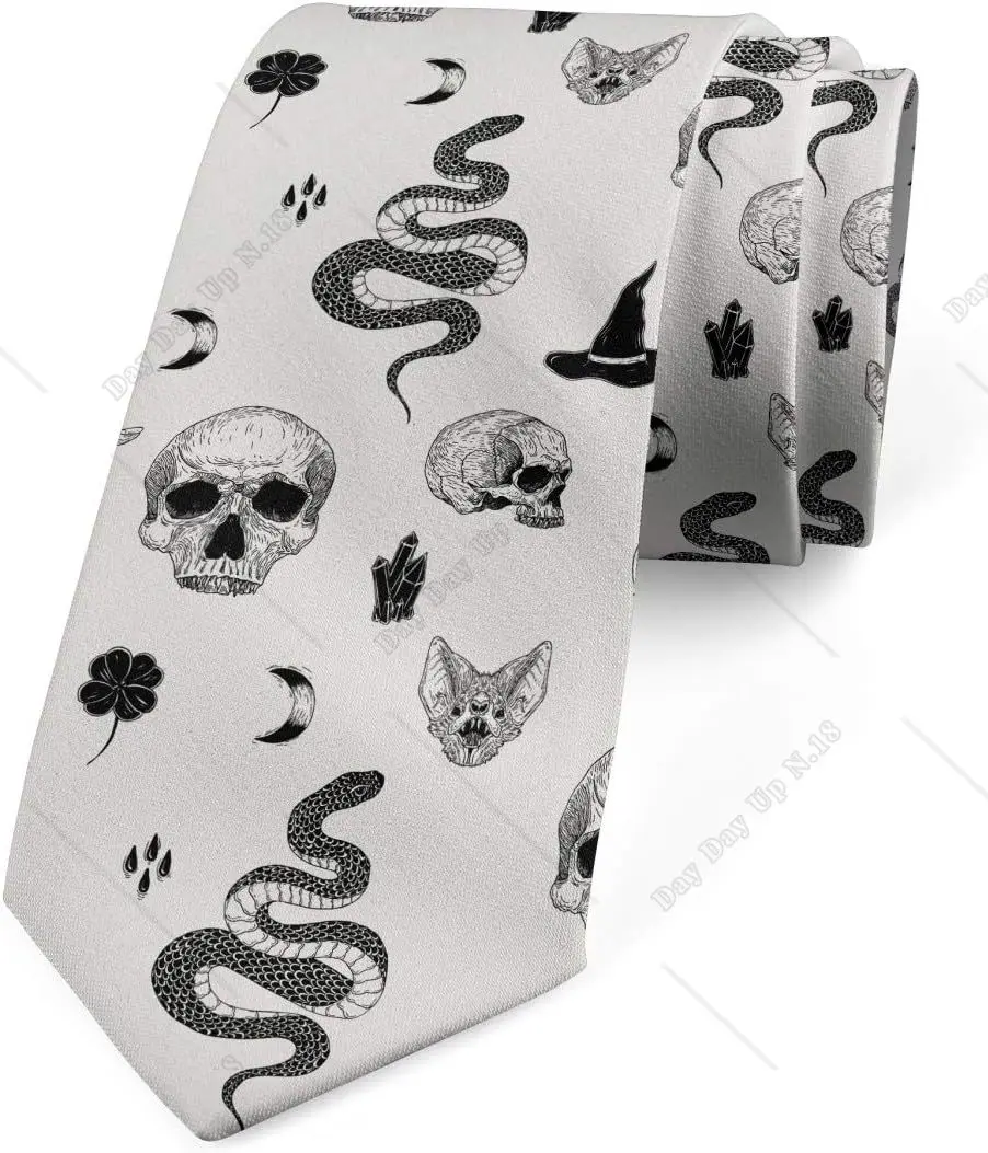 Snake Skeleton Witch Necktie Gothic Objects Halloween Art Tie Festival Christmas Ties for Men Silk Printed