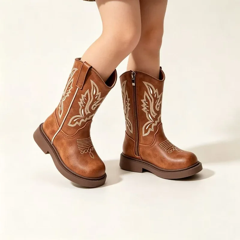 Little Girls Cowboy Mid-calf Boots 2026 New Winter Kids Chunky Leather Boots Non-slip Classic Retro Style School Party Footwear