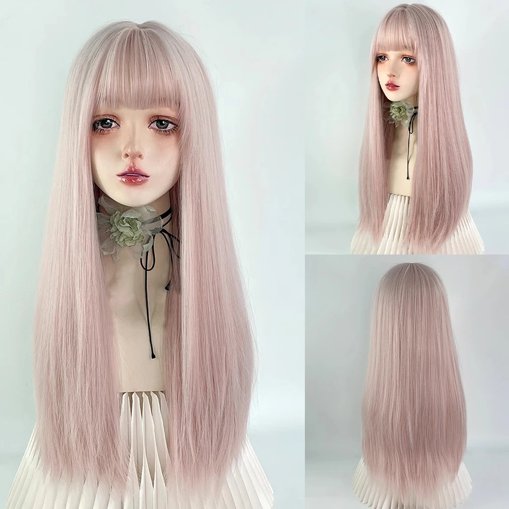 

Pink Women Long Straight Synthetic Wig Fluffy Lolita Cosplay Heat Resistant Wig with Bangs for Daily Party