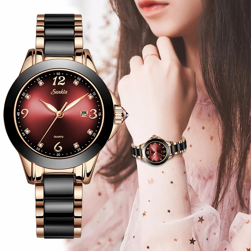 SUNKTA New Watch Women Fashion Bracelet Wristwatch Luminous Hands Date Ceramics Strap Quartz Wrist Watches Ladies Clock Gift+Box