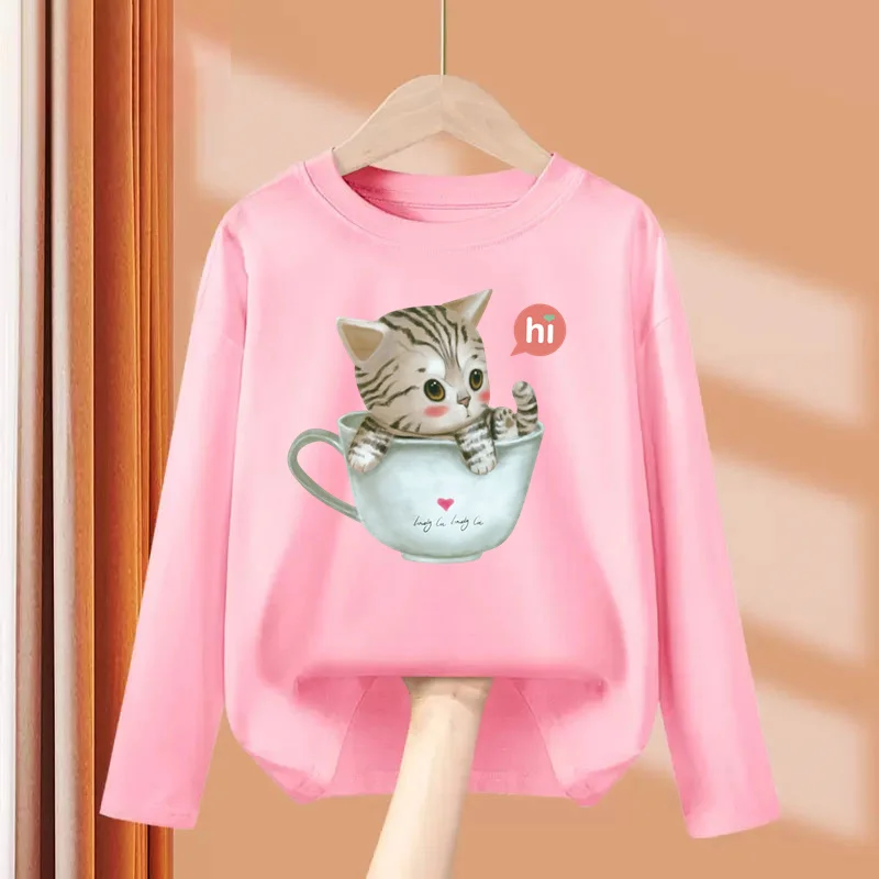 Aimi Lakana Kids Kitty Kat T-Shirt Baby Meisjes Lange Mouw Tops Schattige Print Kleding Lente Herfst Katoenen T-14T