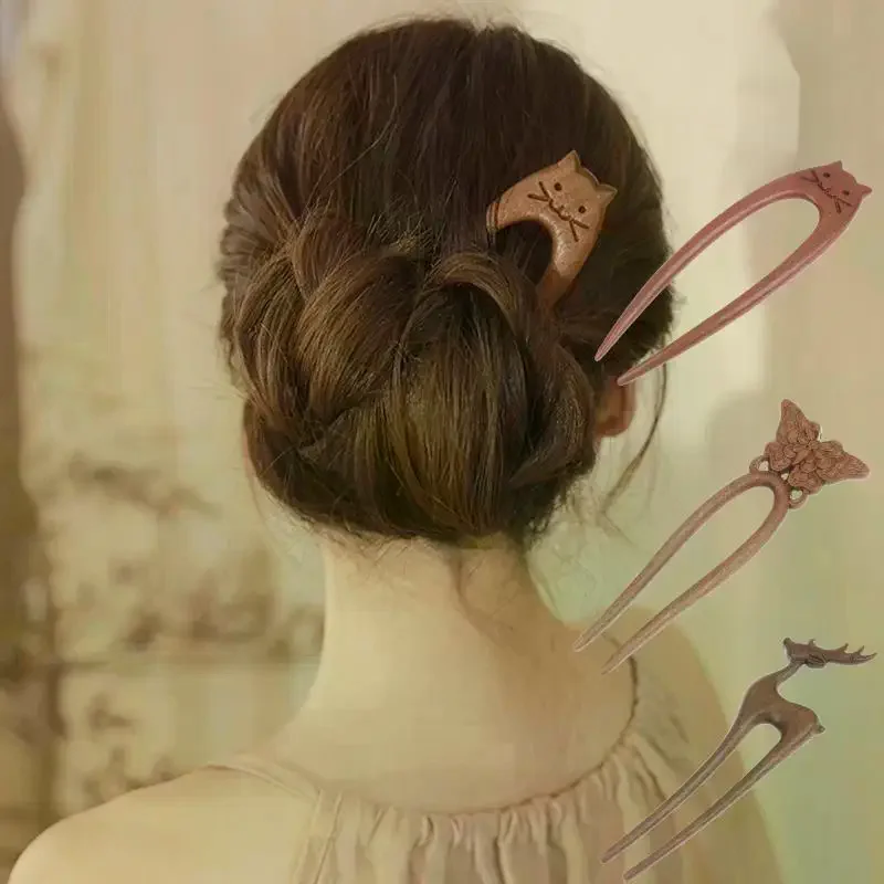 Palo de pelo de madera en forma de U, tenedor para el pelo, gato, mariposa, estilo chino, horquilla de moda, accesorios para el cabello para niña