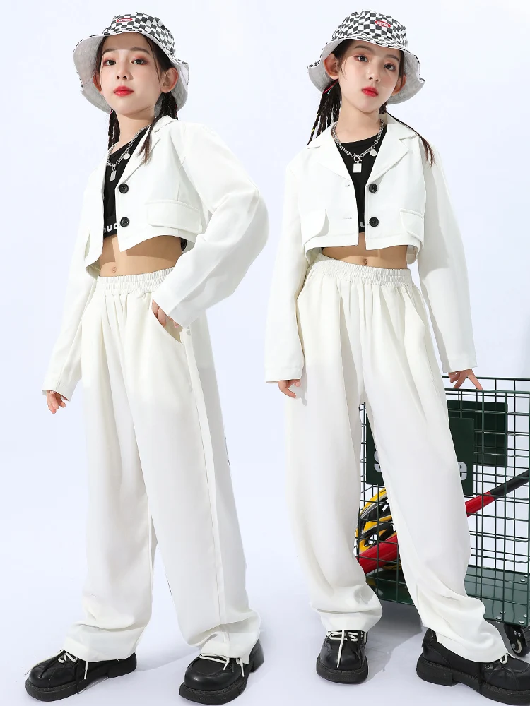 

White Coat Pants Kpop Suit Kids Hip Hop Clothing Stage Concert Jazz Dance Costumes For Girls Hip Hop Performance Clothes