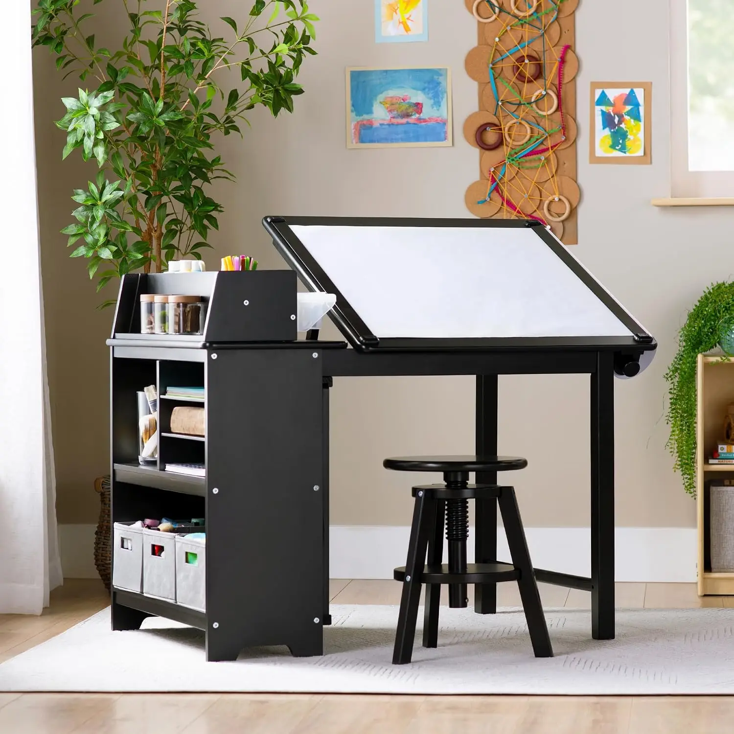 Design Studio, Black: 3-in-1 Kids Art Table & Stool Set, Writing, Crafting, Painting & Drafting Table for Kids with Craft Stora