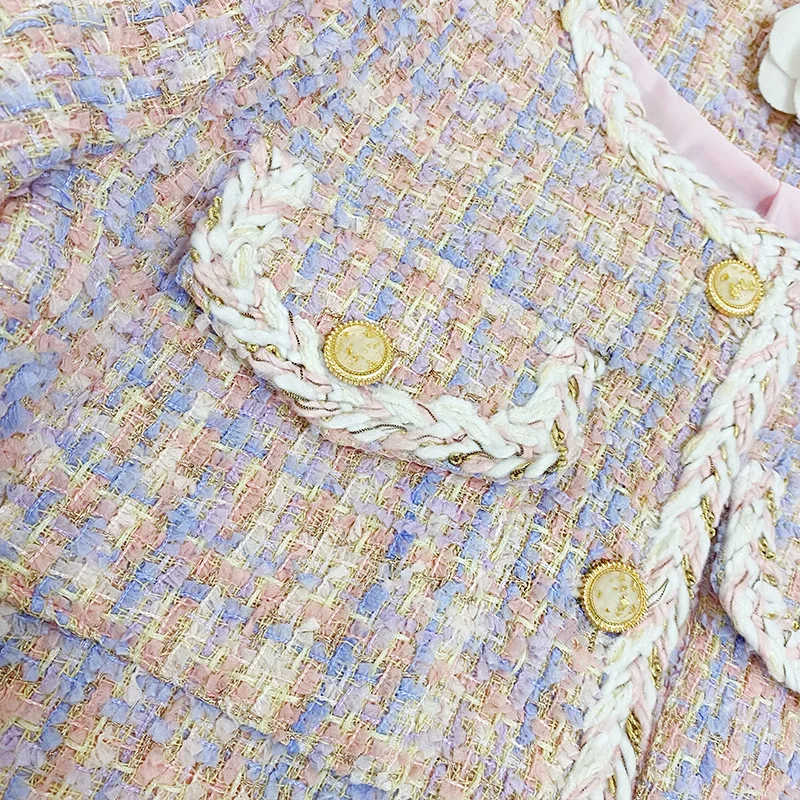 Růžový vlněný tvídový pletený krátký kabát pro dámy, podzimní a zimní, těžký pracovní módní kulatý výstřih, otevřený kardigan, moderní polyesterová tkanina - náhled 5