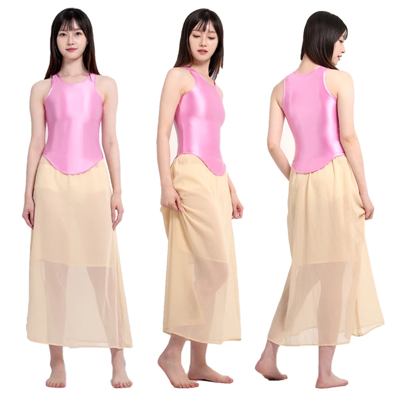 MJINM Women Oil Smooth Stretch Round Neck Arc Hem T-Shirts Spandex Base Sleeveless Tights Suspender Vest Sports Yoga Blouse Tops