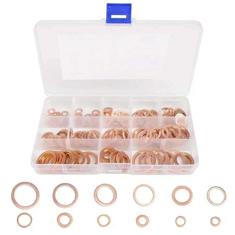 200PCS Copper Washers Set M5-M14 Flat Sealing Rings Heat Resistant Copper Gaskets For Plumbing Automotive Oil Pans Applications