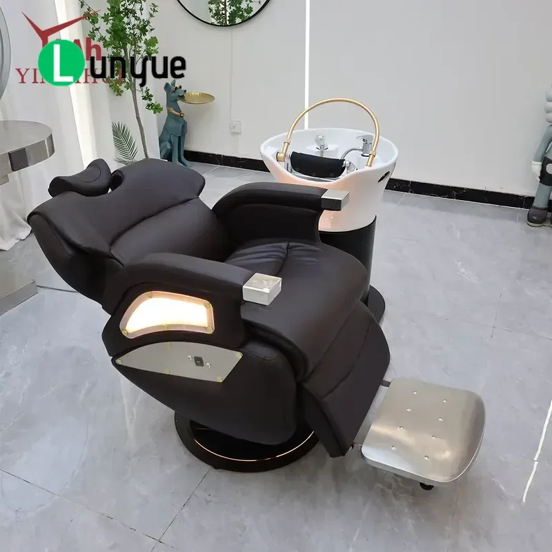 Electric Shampoo Chair with Full Body Massage and White Ceramic Wash Basin Professional Hair Washing Furniture for
