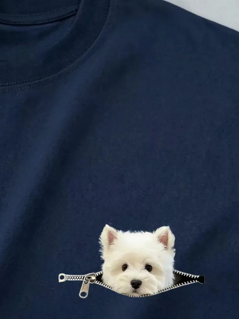 Cute Little West Highland Dog T-Shirt Pure Cotton Short Sleeve Breathable Printed Casual Top for Men And Women