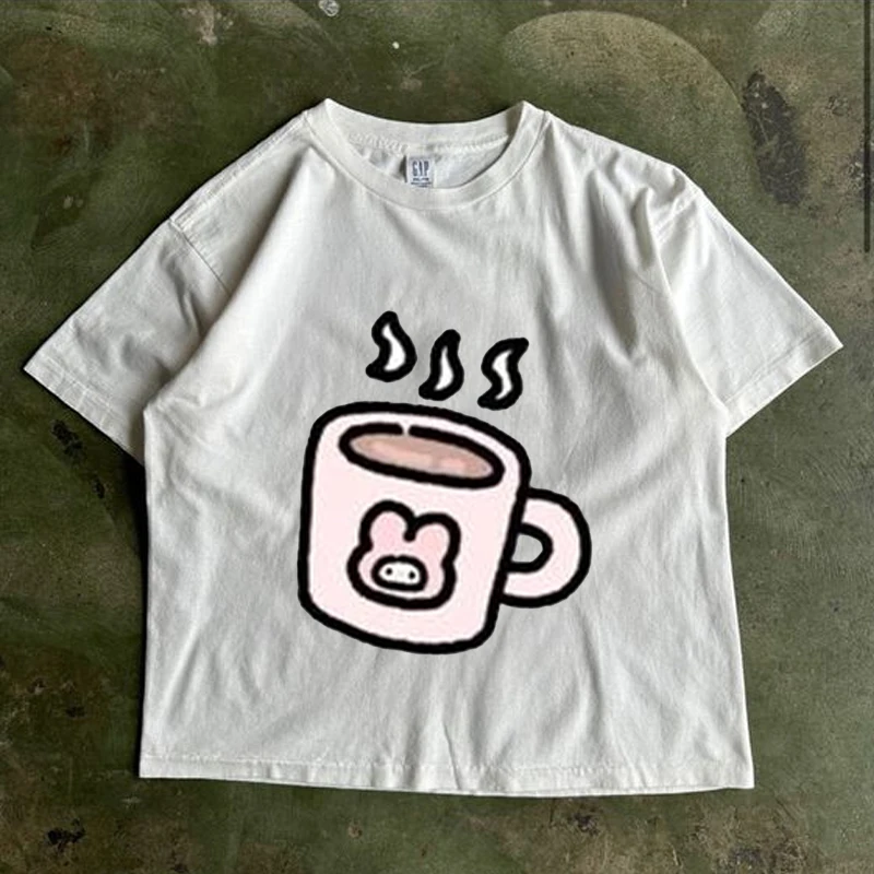 Sanrio Hello Kitty Teacup Y2k Printed Cartoon Anime2024 Summer New American Style Cute Slim Fit Versatile T-shirt Tops