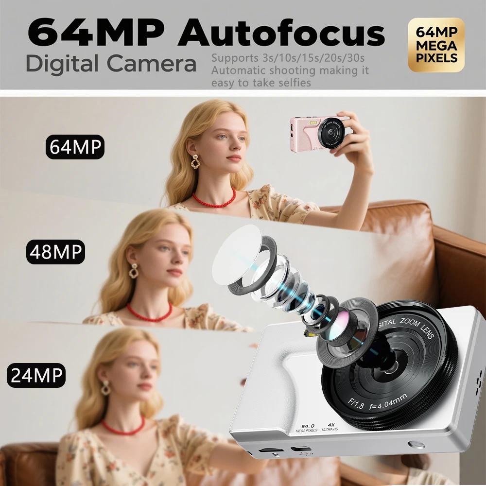 Vandlion A62 Digitalkamera mit Weitwinkelobjektiv, CCD-Videorecorder, 64 MP Autofokus, 18-facher Zoom, 2,8-Zoll-LCD-Bildschirm, Aufnahmegerät