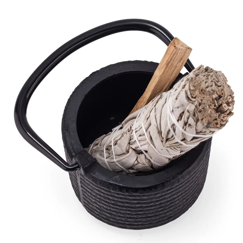Small Cast Iron Incense Burner Handled Sage Smudge Bowl for Meditation Rituals Resin Charcoal Burning Container Spiritual Decor