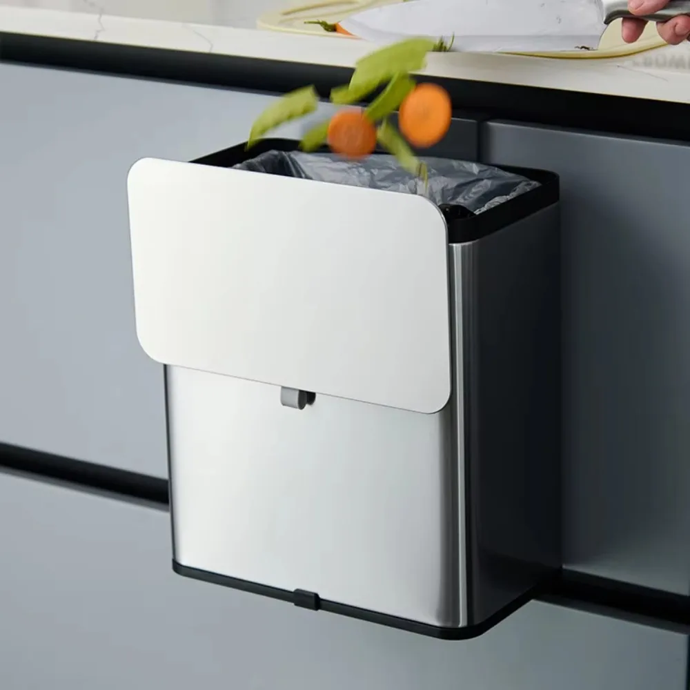 

Stainless Steel Trash Can - Wall Mounted Kitchen/Bathroom Garbage Bin with Lid, Space Saving Hanging Waste Storage Tube