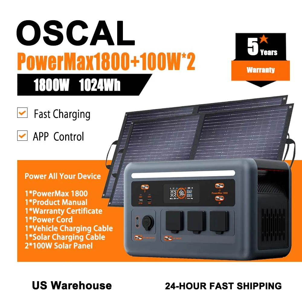 

Портативная электростанция PowerMax1800 1024 Втч, набор из 2 шт., солнечная панель 100 Вт, беспроводная зарядка мобильного телефона для аварийного оборудования