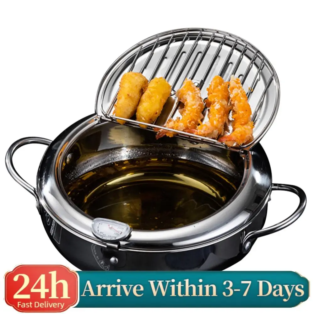 

Japanese Style Deep Frying Pot with Thermometer Lid Oil Drip Drainer Rack 304 Stainless Steel Oil Fryer for Chips Fish Chicken
