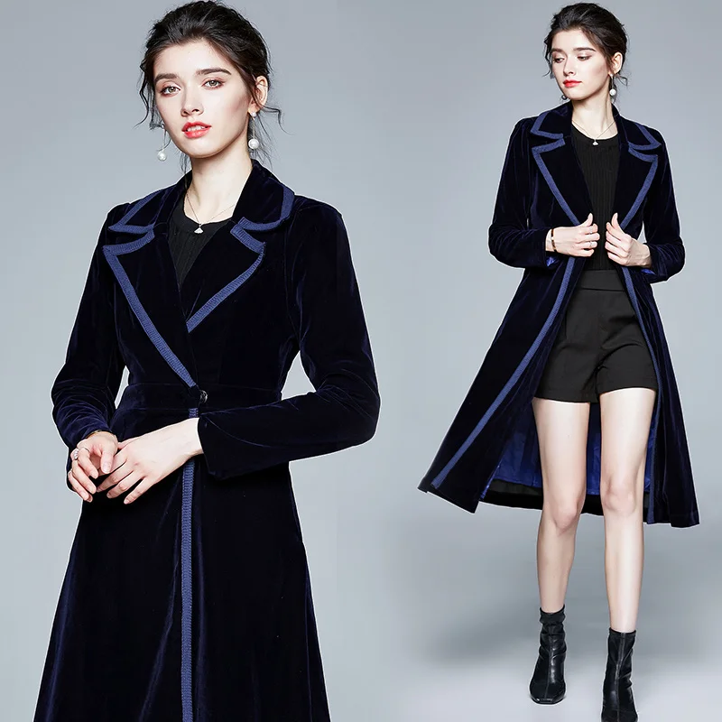 JAMERARY Fashion Velvet Windbreaker For Women Autumn Winter Notched Long Coats Elegant Slim Fit Suit Trench Lady