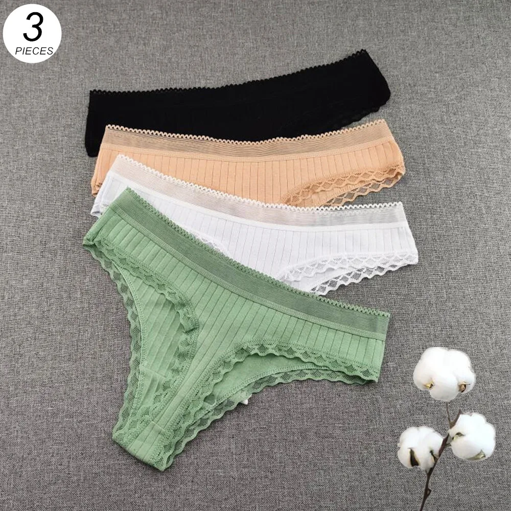 3pcs Ruffles Lace Low Waist Ribbed Cotton Thong Solid Color Women G-string Underwear Seamless Girls Tanga T-pants