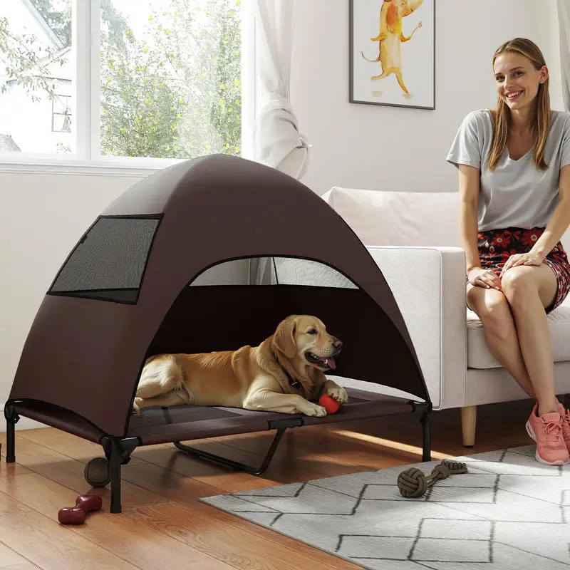 Erhöhtes Hundebett Kaffeebraun 106x76x99 cm, Outdoor-Liege mit Sonnenschutzdach, atmungsaktive Struktur für den Außenbereich