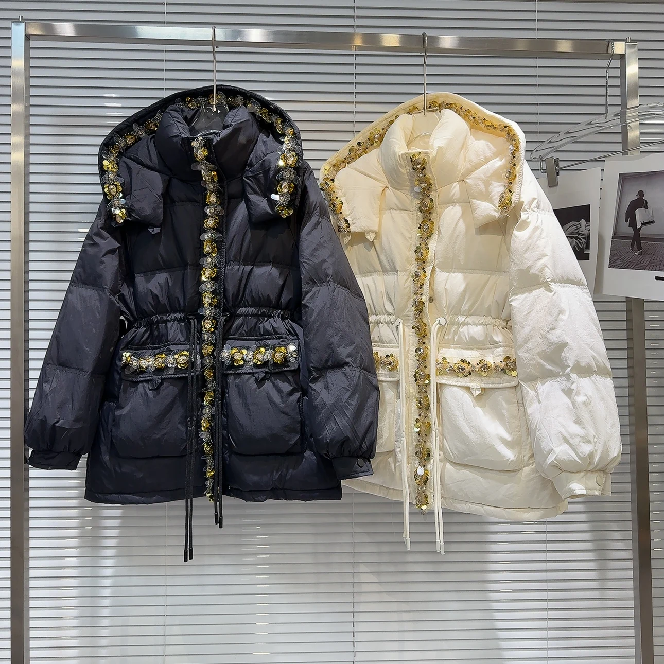 الشتاء مقنعين الترتر الدافئة أسفل سترة الإناث الرباط رشاقته باركر القطن أبلى المرأة الأبيض بطة أسفل جيب جاكيت زيبرا #4