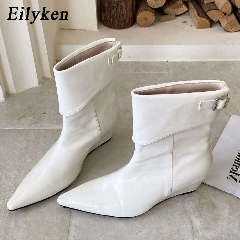 Eilyken New Design Wedges Heels Pointed Toe Ankle Boots Women Buckle Strap Short Booties Shoes Spring Autumn Zapatos De Mujer