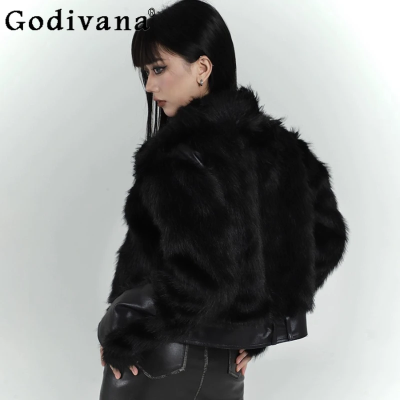 Black One Piece Fur Coat for Women Short Faux Fox Fur Lamb Wool Coat Female Autumn Winter Japanese Style Cosplay Coat