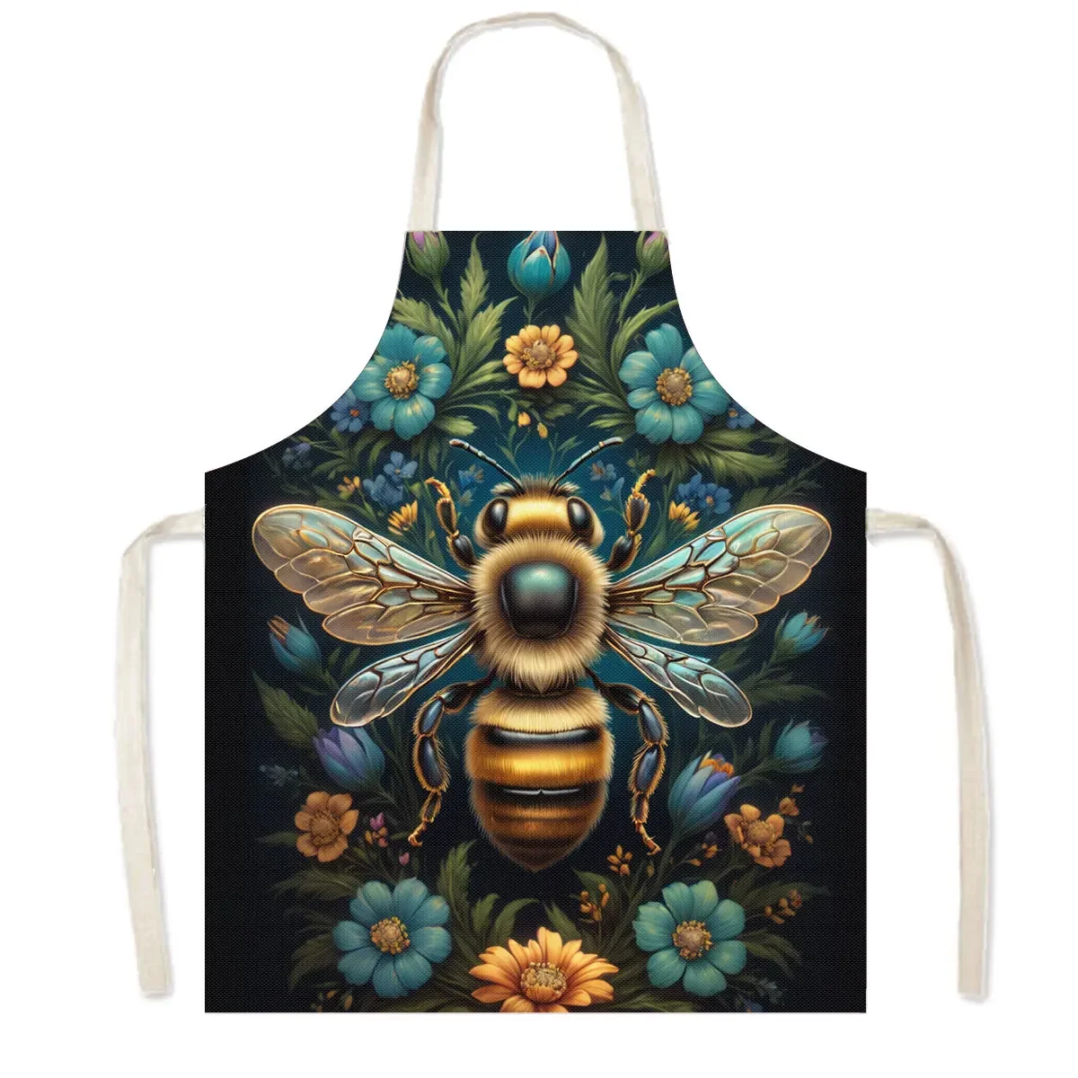 3D Print Cartoon Golden Bee and Flower Kitchen Aprons Children Bib Women Men Home Cleaning Clothing Barber Waiter Linen Pinafore