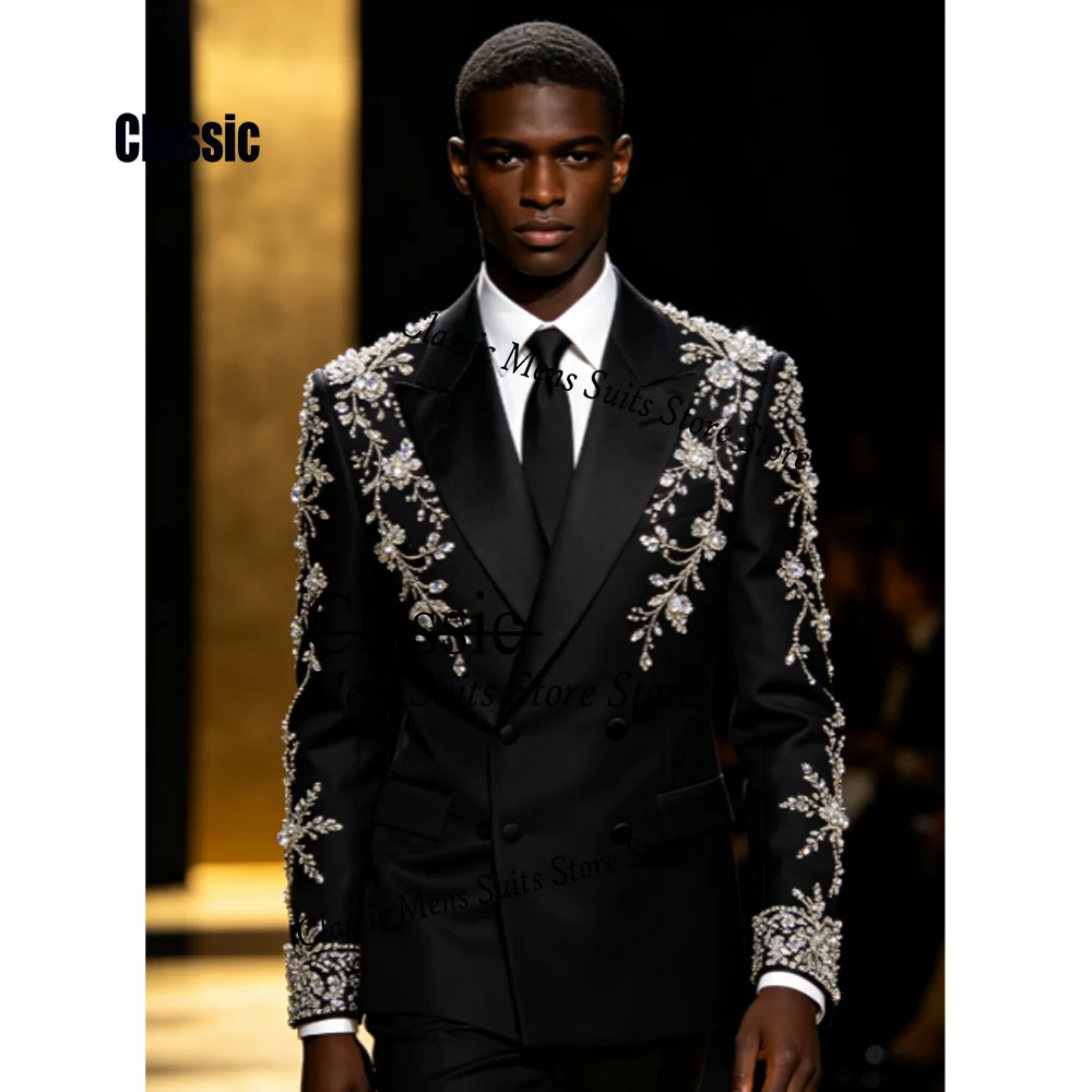 Luxury Sequin Men suit Sparkly Diamond Gem For Wedding Groom Male Prom Party Customized Fashion Blazer 2 Pieces Set Tuxedos Slim