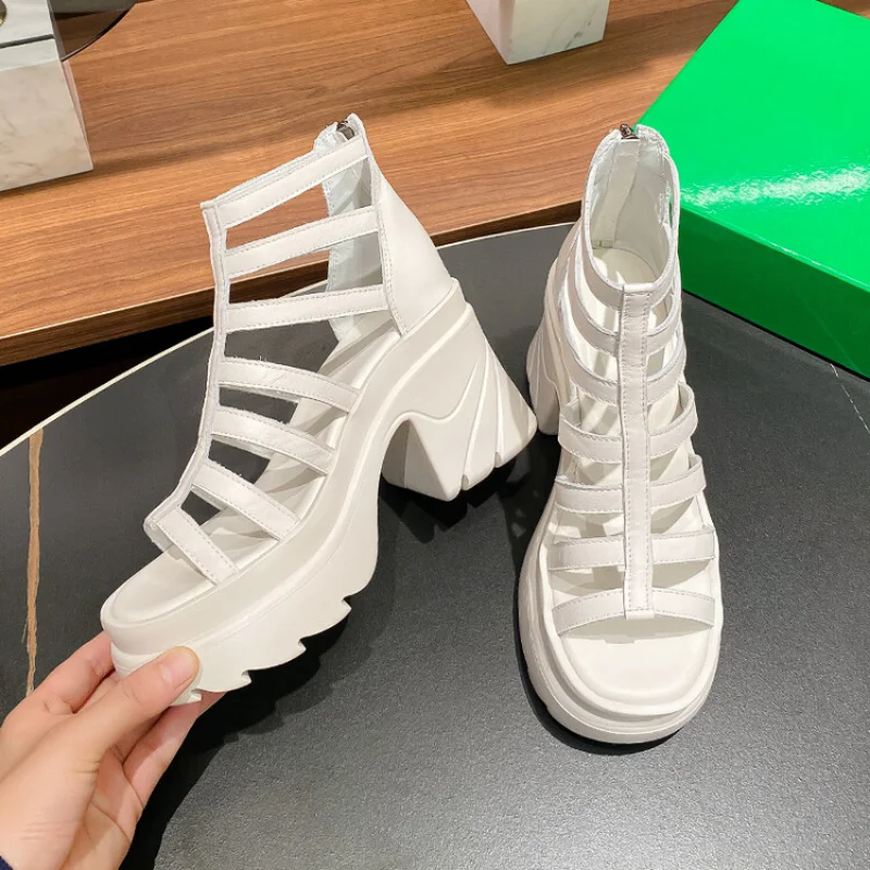 Sandalias de piel auténtica para mujer, sandalias con cierre lateral trenzado, antideslizantes, tendencia de verano, 2024