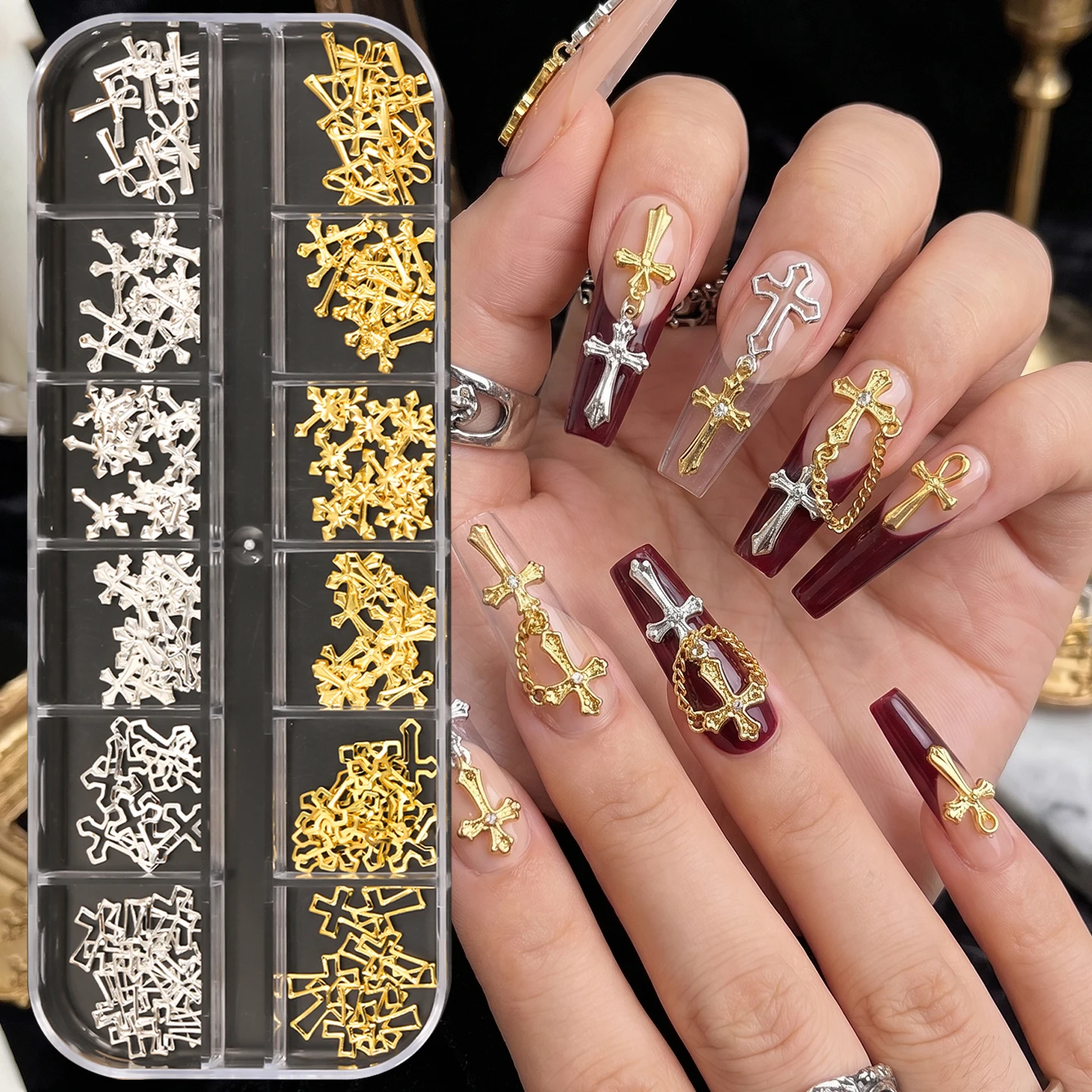 12grids 3D Gold Silver Star/Cross Nail Rivet Studs Alloy Metallic Starlight Nail Charms Y2K 3d Cross/Star Manicure Rivet