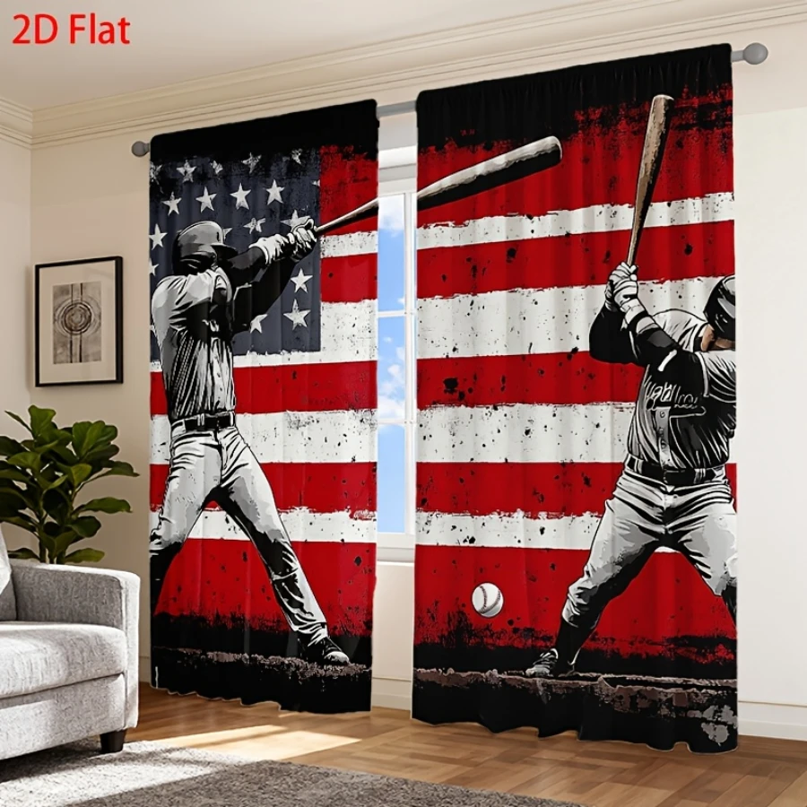 2PCS Digital Printed Curtains, American Baseball Pattern, Athletic Vintage Style for Living Room Bedroom Boys Room Decor
