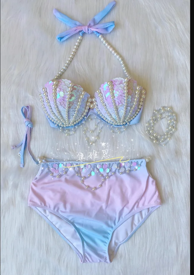 Mermaid Swimsuit Women Bikini Handmade Sequins Shell Bikini Sets Freediving Show Swimwear Tassel Beading Chest Pad Cos Bar Bra