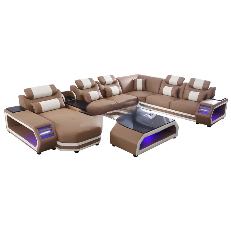 Inventory Popular Home Furniture Living Room Leather Segmented LED Sofa