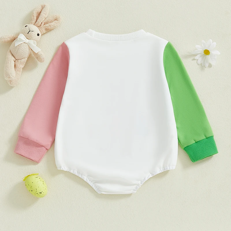 Baby Girl Easter Sweatshirt Romper Bunny Letter Print Long Sleeve Round Neck Adorable Spring Jumpsuits