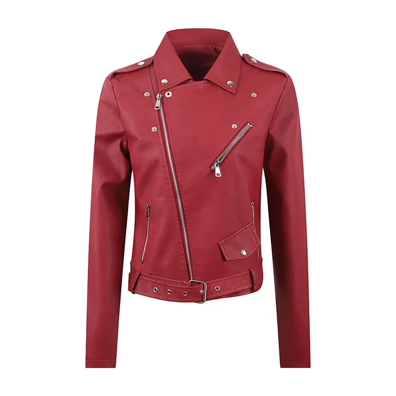 MAIDANGDI Women leather jacket women coat short autumn and winter PU diagonal pull slim fitting water wheel leather jacket Y2K