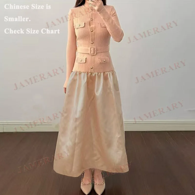 가짜 투피스 싱글 브레스티드 니트 롱 드레스 여성용 가을 봄 골드 버튼 핑크 스웨터 새틴 미디 드레스