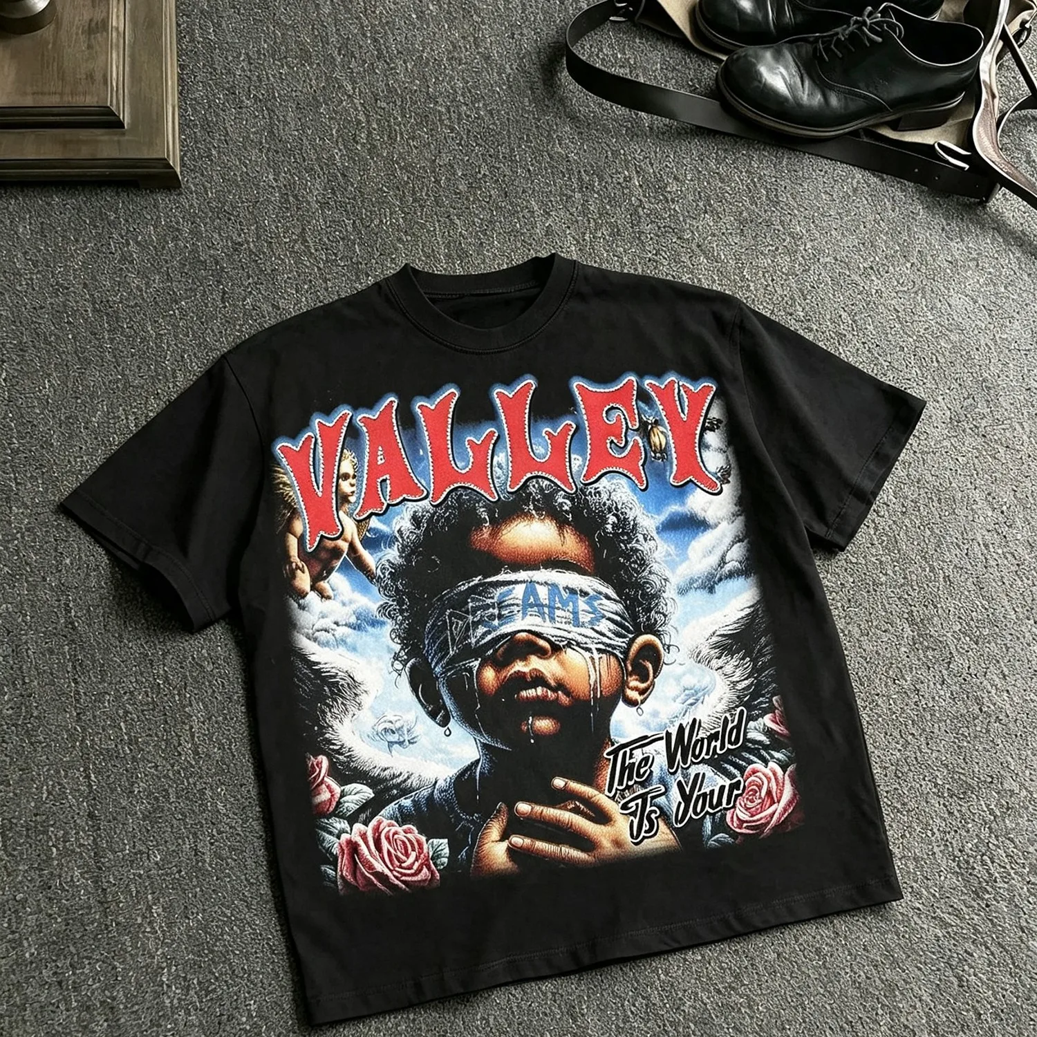 90s Retro Hip Hop Angel Wings Blindfold Boy Print T Shirt Vintage Washed Black VALLEY Text Rose Floral Graphic Loose Casual Cotton Crew Neck Streetwear Top for Men Women