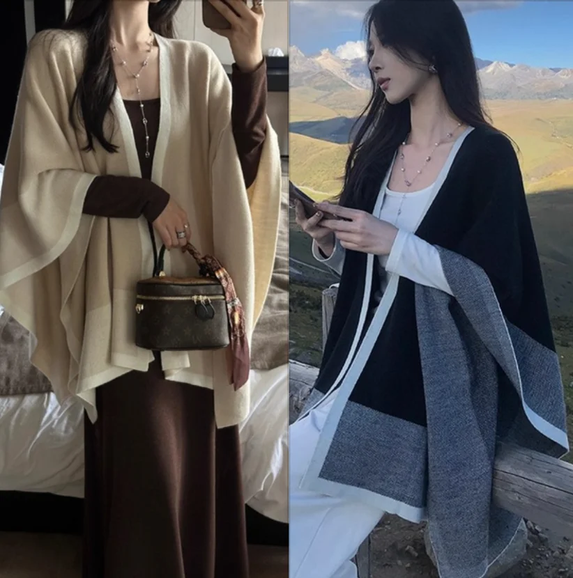 

Simple Color Blocking Cape Shawl Women Warm Loose Knitted Jacket Cardigan