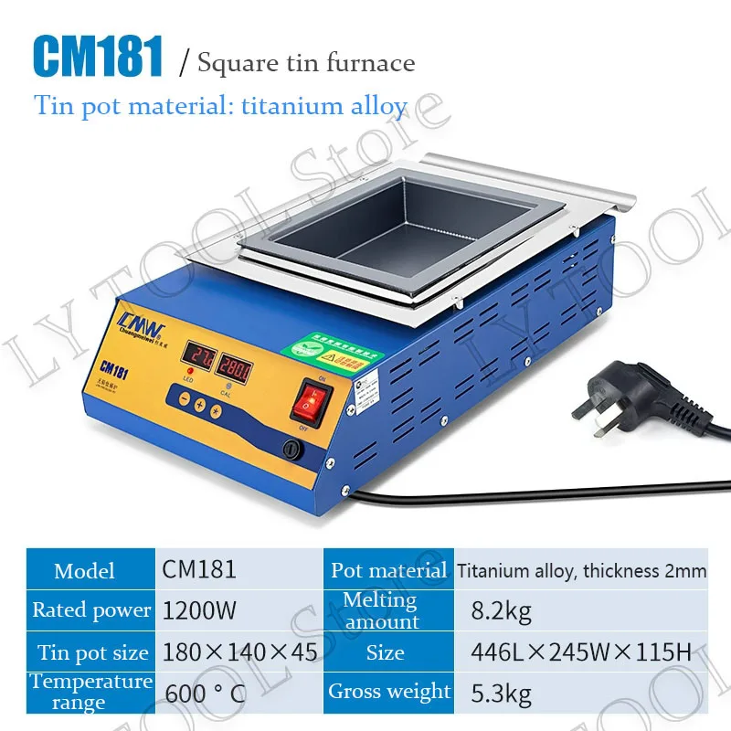 CM-201 Lead-free solder pot Digital display 1500w melt tin 9.8KG temperature adjustable Melting tin furnace square tin stove