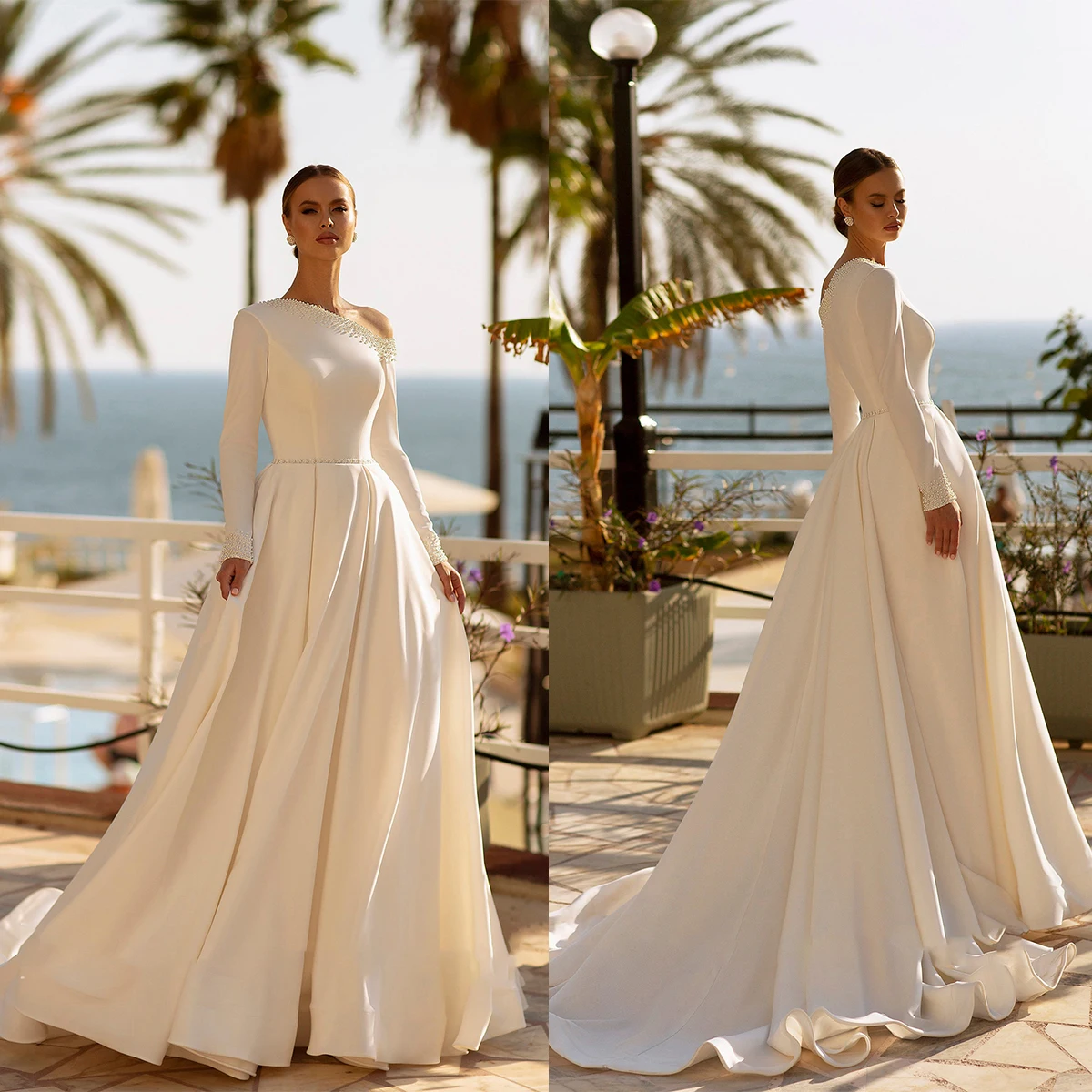 Elegant Strapless A-Line ชุดแต่งงานไข่มุกเอวใหม่ Draped ที่กำหนดเองชุดเจ้าสาวแปรงรถไฟ Robe De Mariage ขายร้อน