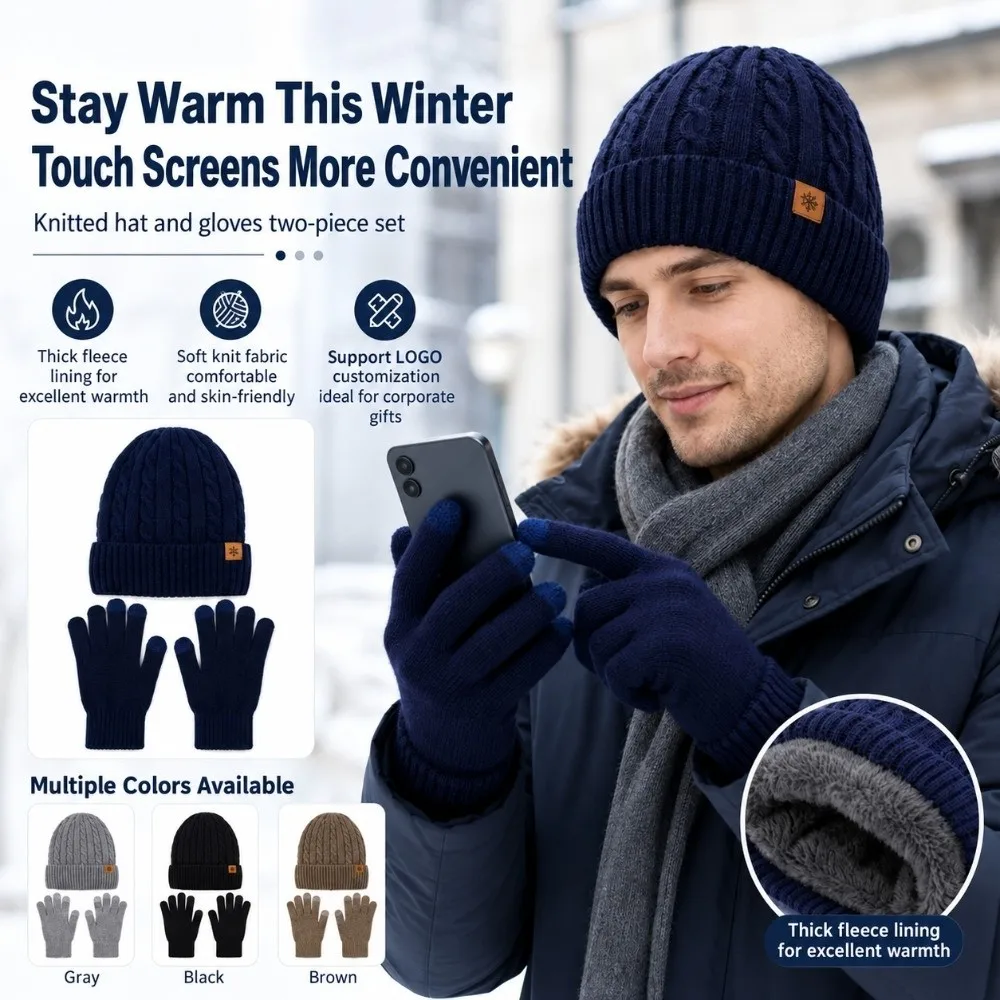 3Pcs/Set Warm Winter Hat Scarf Gloves Set Lining Non Slip Scarf Neck Warmer Suit Windproof Elastic Touchscreen Gloves for Men
