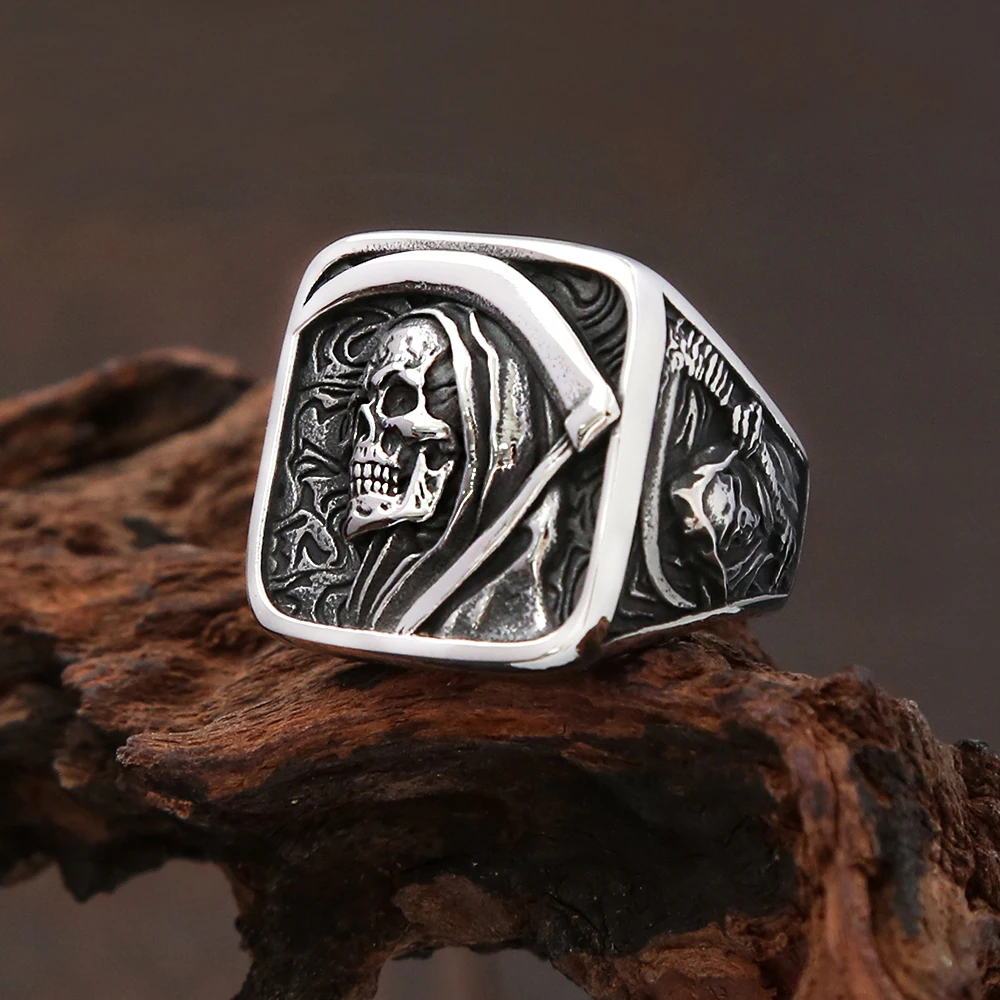 Gothic Vintage Death Sickle Skull Ring 316L Stainless Steel Hip Hop Biker Skeleton Rings For Men Punk Party Jewelry Wholesale