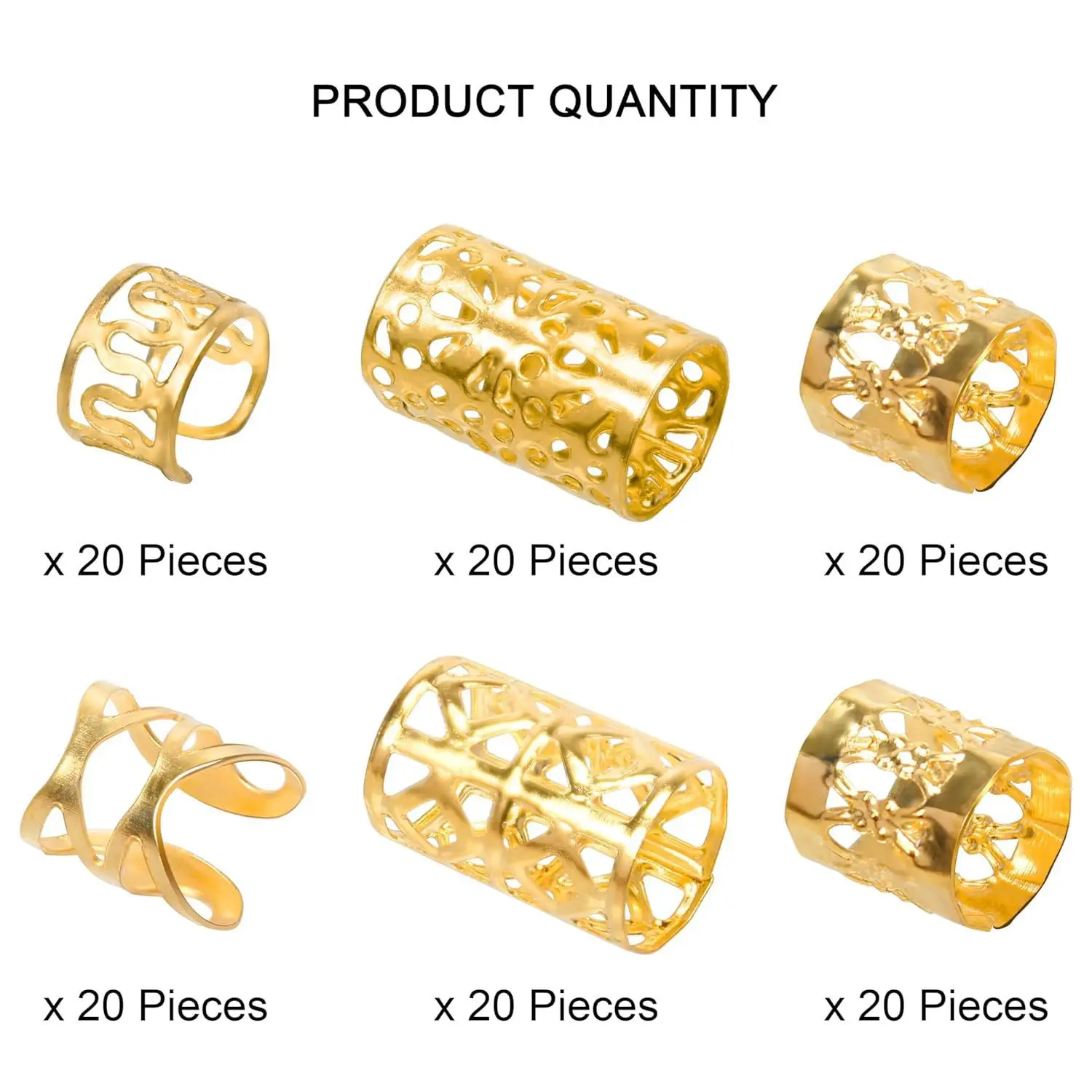 

Fashion 120 Piece Dreadlock Link Ring Set Gold Silver Plated Hollow Design for DIY Braiding Accessory