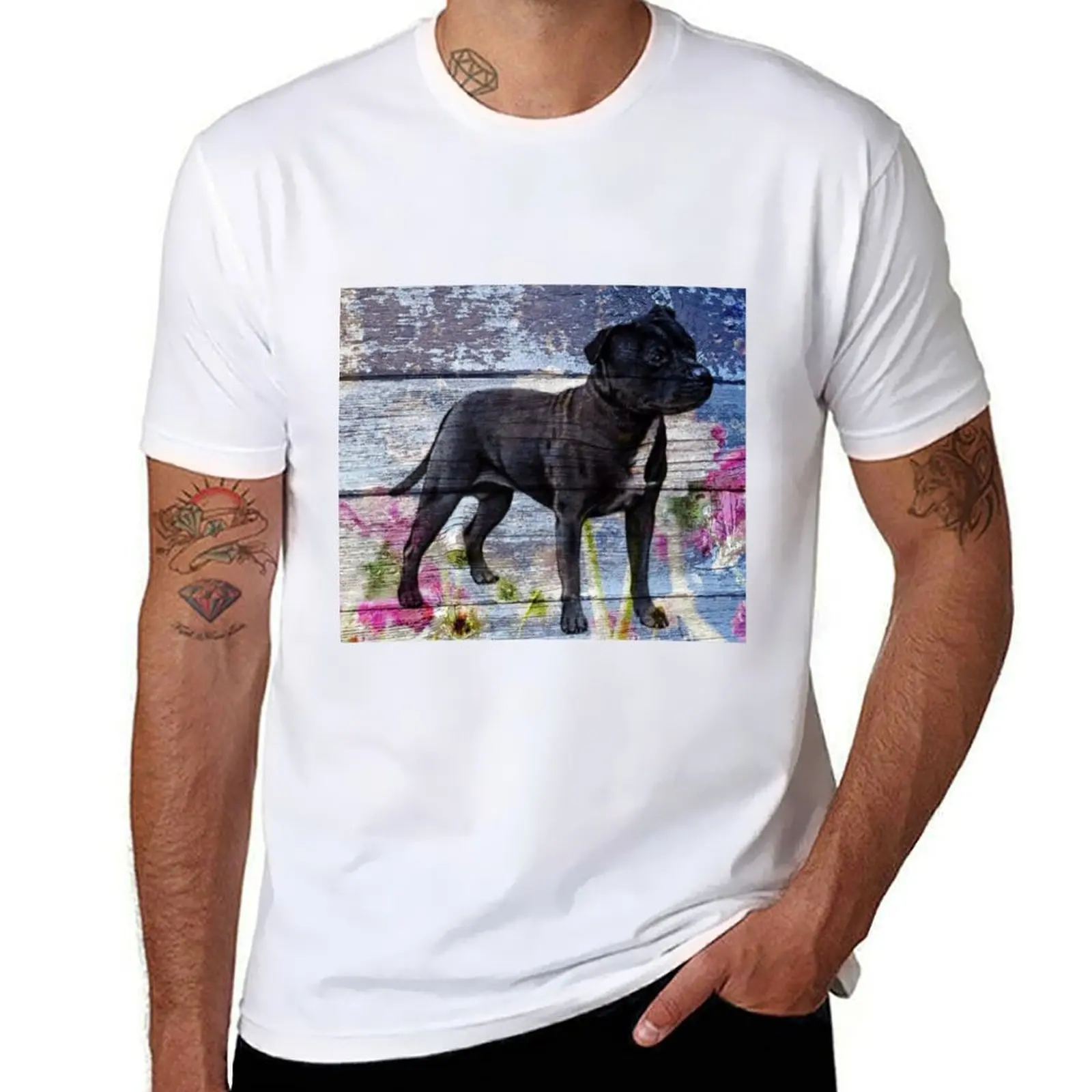

Staffy old painted wood T-Shirt men t shirt cotton 100% t shirt man designer T-Shirt