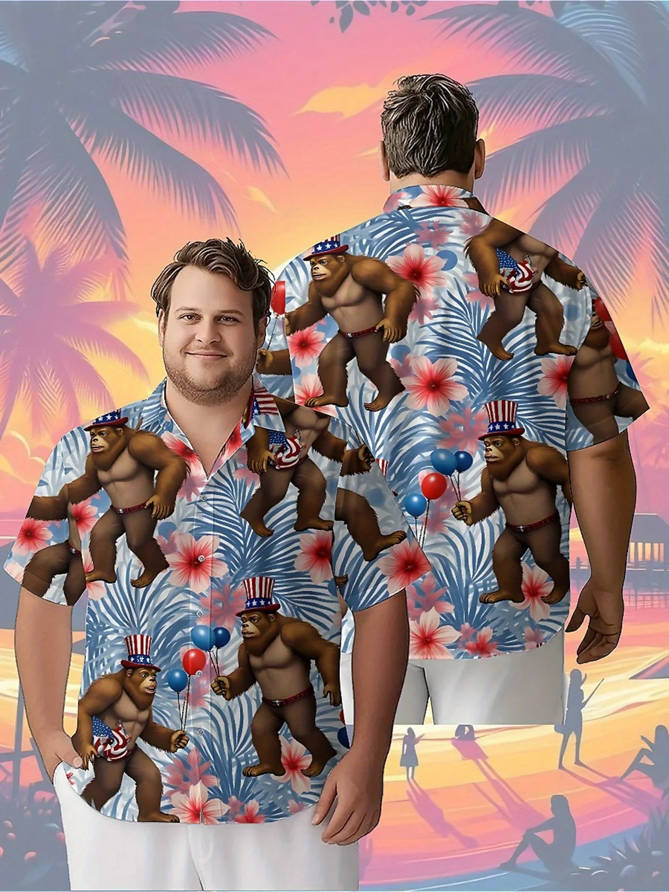 

Men's Plus Size Hawaiian Shirts Independence Day Theme Sasquatch Party pattern,Unisex Baggy Aloha Shirt,Alternative Clothes