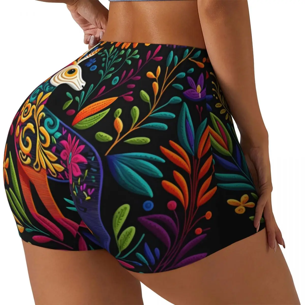 Custom Women Mexican Flowers Otomi Embroidery Art Pattern Workout Yoga Shorts Gym Athletic Volleyball Biker Shorts