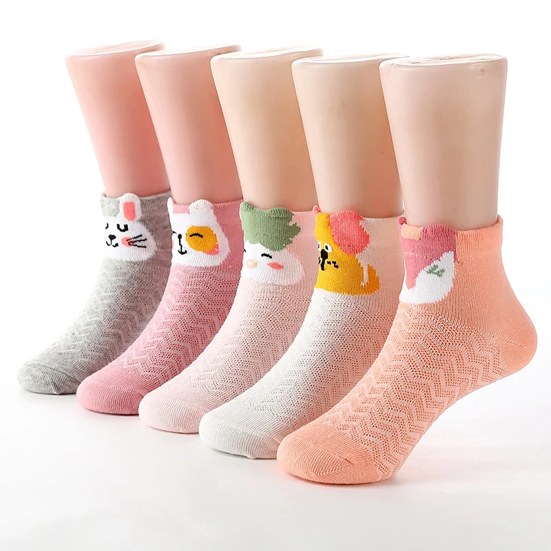 5 Pairs Girls' Cute Cartoon Animal Socks - Lightweight Breathable Short Ankle Socks with Cat, Fox, Lion, Rabbit & Bear Designs