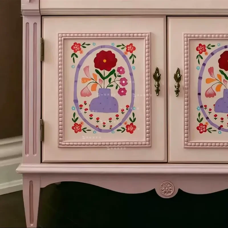 Classical Solid Wood Painted Locker Pink Princess Dressing Cabinet Antique Bedroom Bedside Storage Cabinet for Porch