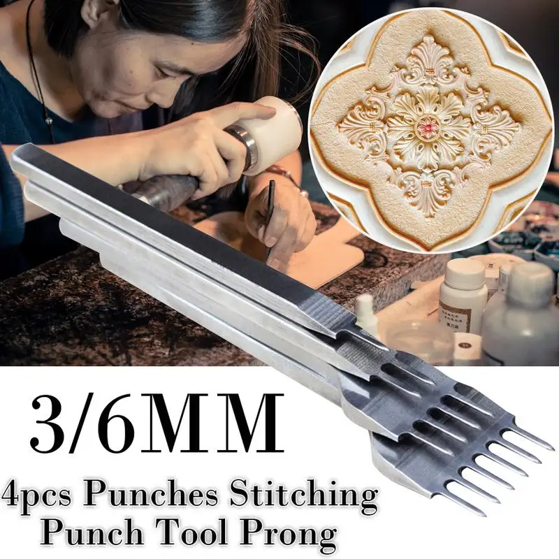 4pcs Leather Craft Tool Spacing Punch 3/4/5/6mm Hole Chisel Lacing Stitching Sewing DIY Leather Craft Tools DIY Hand Craft Tool